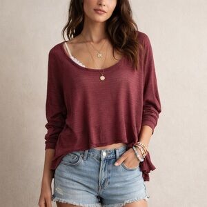 American Eagle Outfitters Burgundy Casual Chic Oversized Sheer Knit Top
